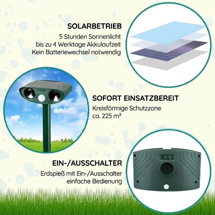 Ultraschall-Tierabwehr Solar – PIR-Bewegungsmelder 110°, IP44, 13–40 kHz