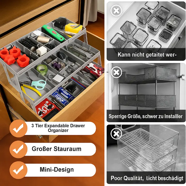 Intelligenter 3-stöckiger Schubladen-Organizer – Erweiterbar & Platzsparend für Standard-Schubladen