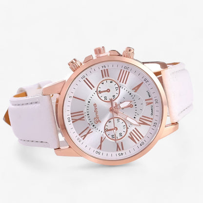 Elegante Damenuhr mit Lederarmband – Römisches Zifferblatt